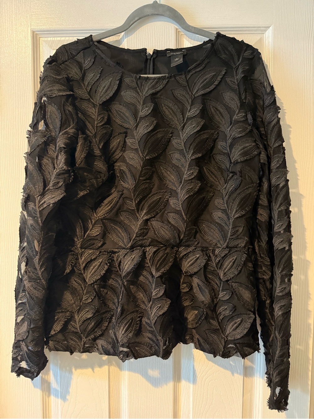 Ann Taylor Black Leaf-Embossed Long Sleeve Blouse